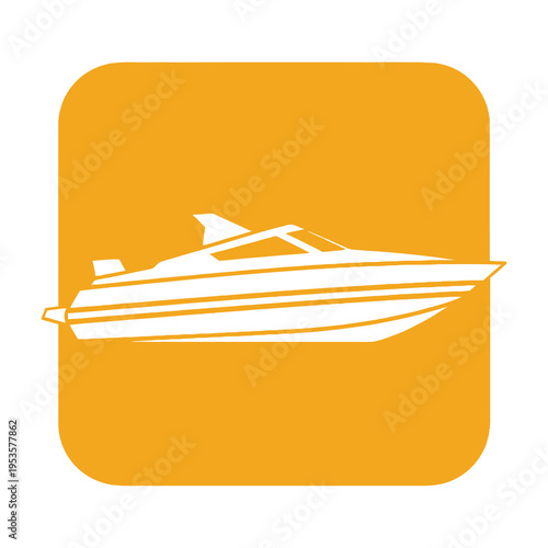 Modern luxury yacht glides over vibrant orange background