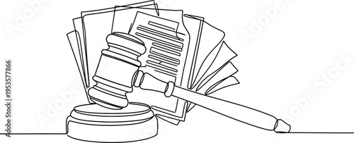 Continuous one line of a judge's hammer with documents, drawn illustration.