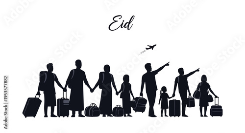 A family travels for eid celebrations depicted in a striking black silhouette high quality professional detailed