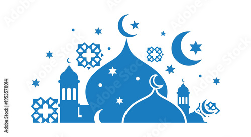 A vibrant blue islamic design featuring a crescent moon stars and mosque dome silhouette high quality
