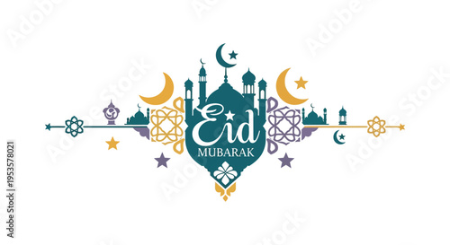 An eid mubarak greeting with islamic architectural elements and celestial motifs a dark silhouette high quality