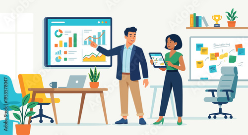 Business professionals presenting marketing analytics and strategy in modern office