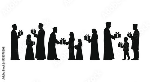 A family line exchanging gifts and presents depicting a heartwarming holiday scene silhouette high quality professional