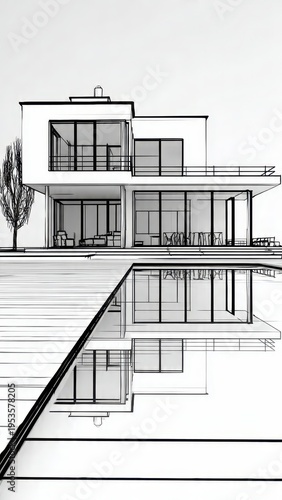 Modern architectural sketch of a luxury house with a large swimming pool reflection, showcasing contemporary design and elegant lines on a minimalist white background.