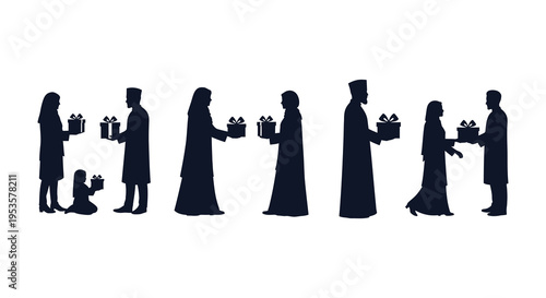 A line of people exchanging gifts showcasing traditional dress and festive spirit a silhouette