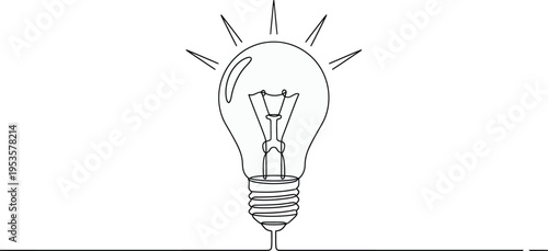 Continuous one line of a light bulb glowing with rays, drawn illustration.