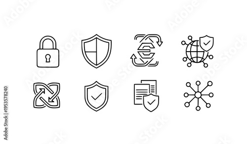 Cybersecurity outline icon set black white data protection vector symbols