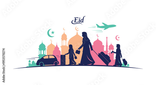 Family travels for eid celebration with iconic landmarks depicted as a striking silhouette high quality professional