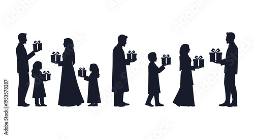 A family stands in a line exchanging gifts displaying a striking black silhouette high quality professional