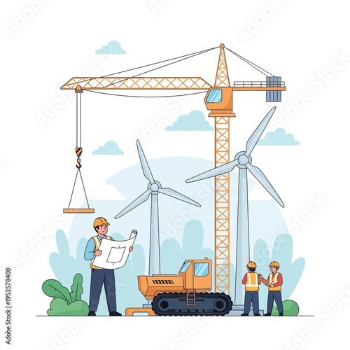 Civil engineer supervising wind turbine construction project with crane and team