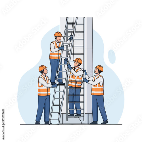Construction team working together on a ladder installing a tall structure
