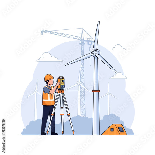 Civil engineer using surveying equipment at a wind turbine construction site