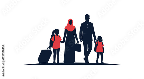 A muslim family travels with luggage set against a cityscape depicted in silhouette high quality professional