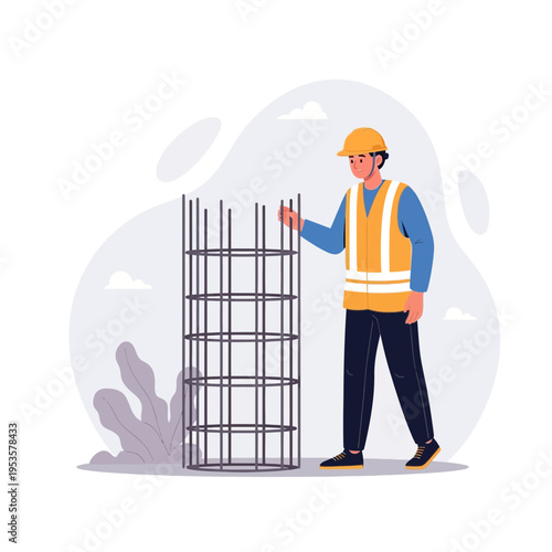 Civil engineer inspecting reinforcing steel cage for construction project