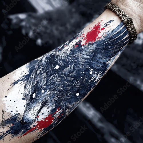 Powerful wolf head tattoo with large raven wings in a dynamic watercolor and splatter art style, featuring vibrant red, white, and black ink accents on a forearm.