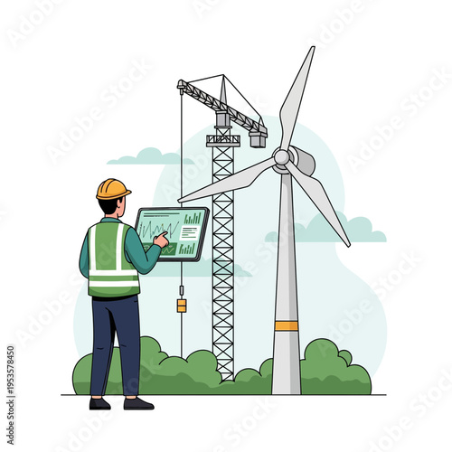Engineer reviews wind turbine data near construction site with crane and greenery