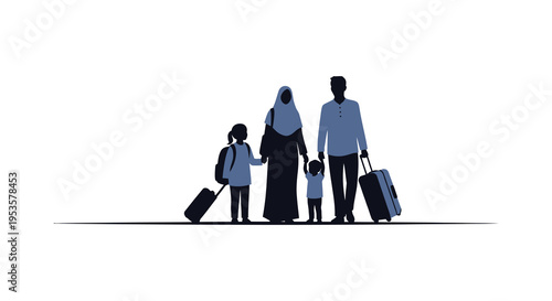 A muslim family prepares for a journey holding luggage against a scenic backdrop silhouette high quality