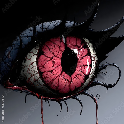 Macabre red eye with a cracked, veined iris and sclera, dripping blood against a dark background, evoking themes of horror, pain, and dark fantasy art.