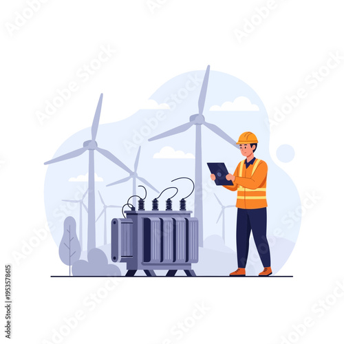 Engineer inspecting transformer at wind turbine energy station with tablet