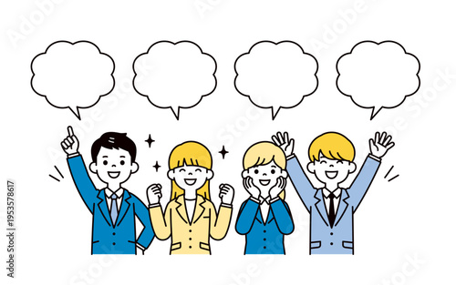 コメントを言う、採用・内定が決まった就職活動をする複数の学生の上半身ベクターイラスト素材
