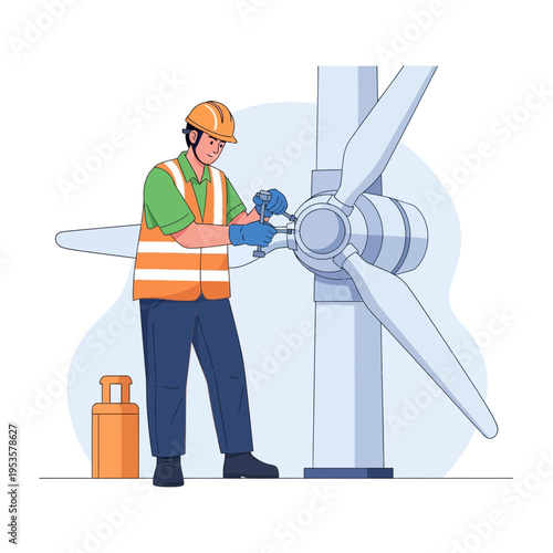 Wind turbine engineer performing maintenance on a large industrial power generator