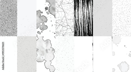 A collage of various gray and white textures and patterns on a white background