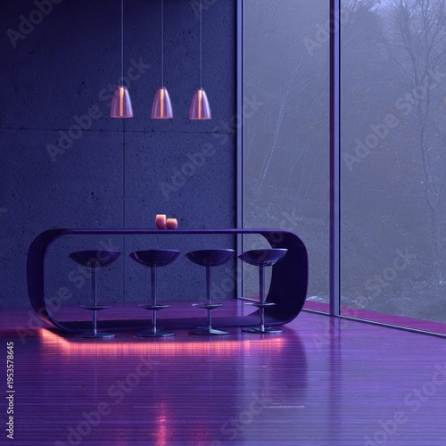 Sleek modern bar interior with minimalist design, ambient purple lighting, and a view of a misty natural landscape creating a sophisticated lounge atmosphere.