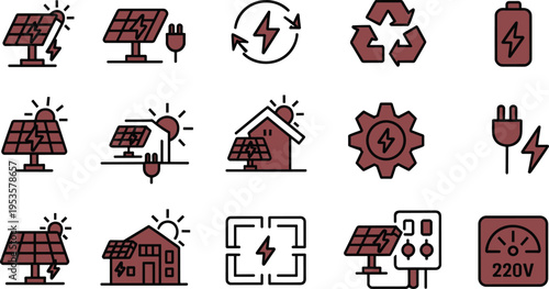 Solar energy and electricity icons set with panels, plugs, batteries, houses, meters, gears, renewable power vector illustration design