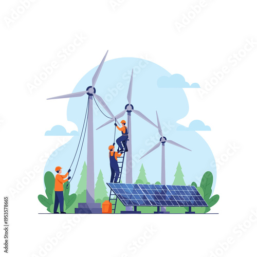 Workers install wind turbines and solar panels to generate renewable energy