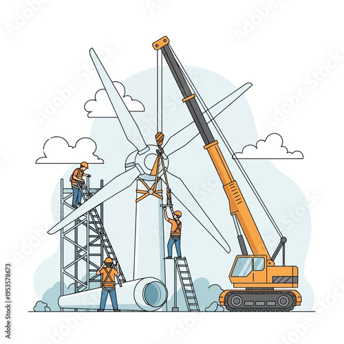 Wind turbine construction workers assembling giant blades with a crane and safety gear