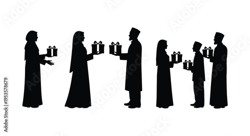 A group of people appearing to gift presents to one another depicted in a striking silhouette