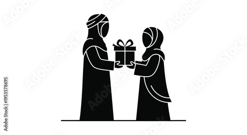 A man and woman exchange a gift depicted in a striking black silhouette high quality professional