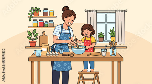 Mother Cooking with Child in Kitchen Family Bonding Activity