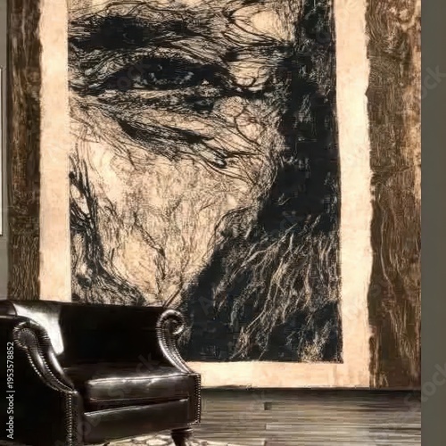 Dramatic abstract textile art featuring an intense human eye dominates a stylish modern living room with a luxurious dark leather armchair.