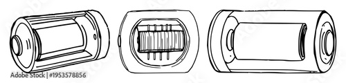 Lithium-ion cell set with hand-drawn scientific illustration of a cross-section featuring energy, tech, detail with white background and illustration