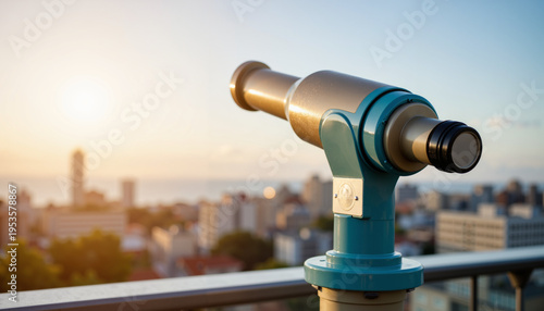Close-up of coin-operated binocular viewer on observation platform railing, shallow  