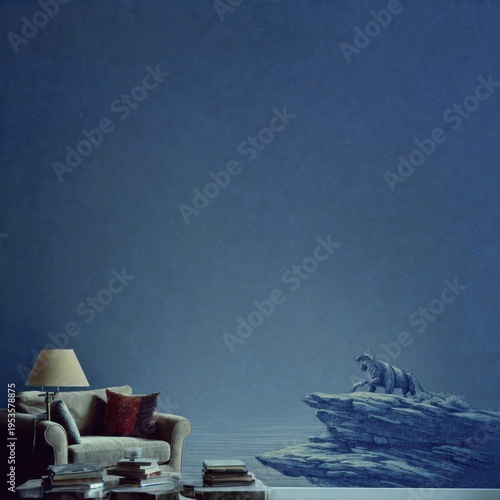 Conceptual living room scene with a cozy sofa and lamp facing a powerful tiger sculpture on jagged rocks against a vast, moody blue background, symbolizing internal reflection.