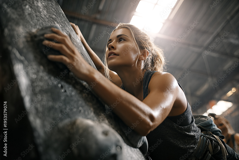 Fototapeta premium Determined woman conquering an indoor climbing wall - intense rock climbing workout showcasing strength, focus, and athletic perseverance in a gym