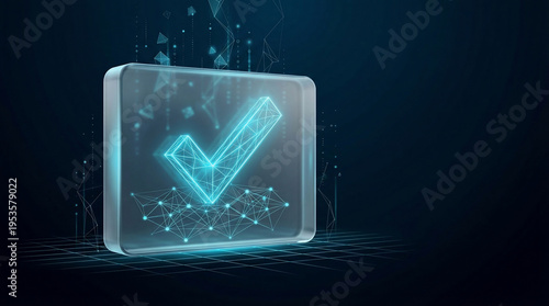 Abstract Digital Checkmark Symbol Glowing in a Transparent Box, Signifying Completion, Success, and Technological Validation