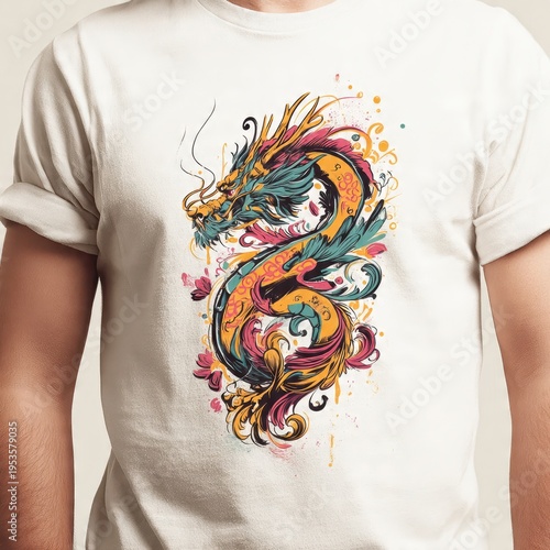 Vibrant Asian Dragon Illustration with Colorful Watercolor Splatter on a White T-Shirt. Intricate graphic design celebrating Eastern mythology, power, and art.