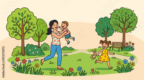 Mother Playing with Kids in Park Happy Family Outdoor Activity and Parenting