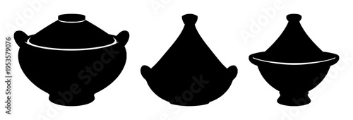 Tagine pot set with solid black silhouette showing bold smooth curves featuring North African heritage, culinary icon, black line art with simple illustration and monochrome