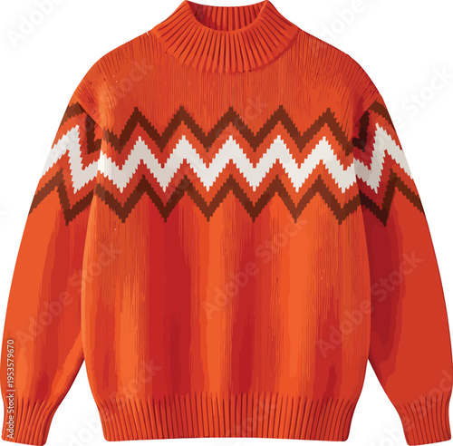 Orange Sweater with White and Brown Zigzag Pattern