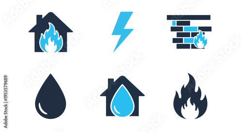 fire and water hazard icon set - Glyph solid icon - Editable modern style icon - Clipart, sticker - icon set