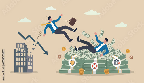 Insurance, reserve money or emergency fund business failure, mistake accident, compensation money support into cushion concept, fail businessman falling huge or money banknotes into safety cushion