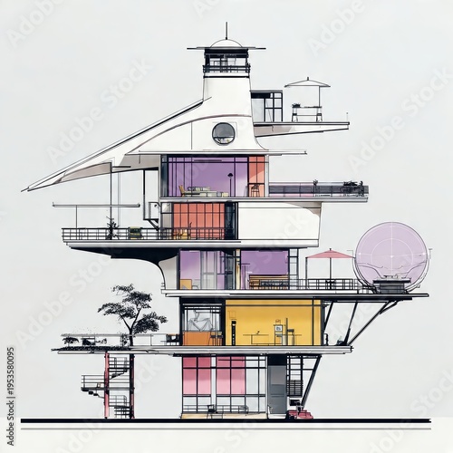 Dynamic retro-futuristic architectural concept of a multi-level dwelling, showcasing innovative design, vibrant interiors, and complex cantilevered structures.
