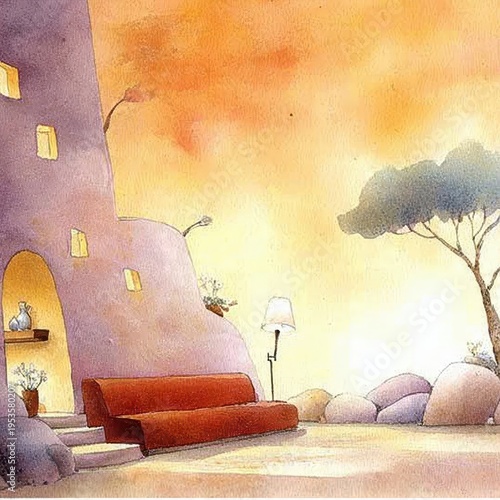 Whimsical watercolor illustration of a cozy outdoor living space next to a charming adobe-style house under a warm, glowing sunset sky.