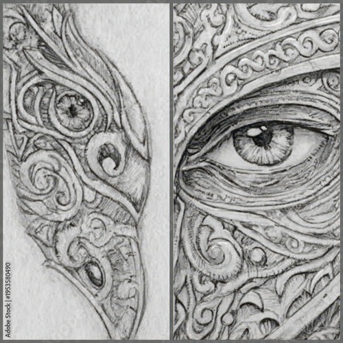 Intricate Graphite Art: Mysterious Eyes with Ornate Filigree and Tribal Patterns on Paper