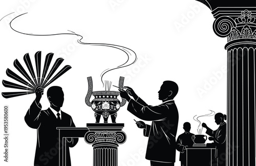 Black and white of people performing traditional tea ceremony with ornate incense burner and decorative columns