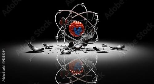 Abstract representation of a broken atomic structure with nucleus and orbiting electrons.